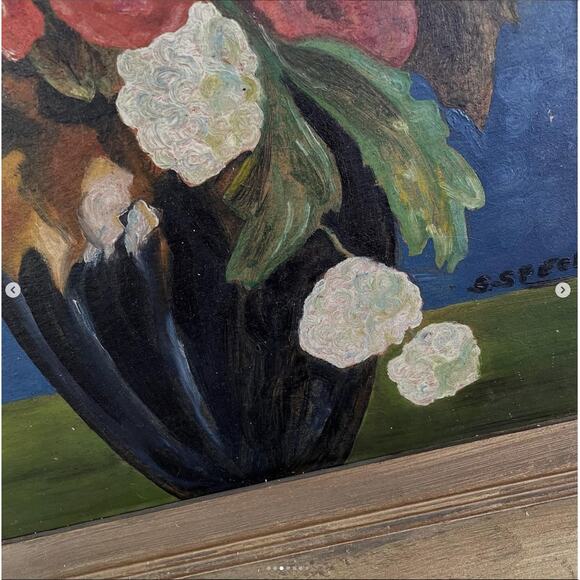 Vintage Flower Painting Red Poppy Poppies Floral Painted Wood Board Signed 14x18 - Picture 3 of 7